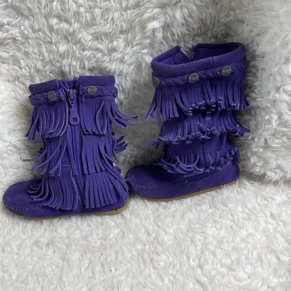 Minnetonka little girl leather suede purple fringe layers knee high boots SZ9